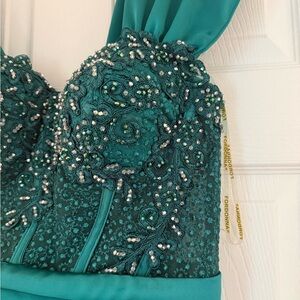 Long emerald evening satin dress with lace and beading (ONLY WORN ONCE)